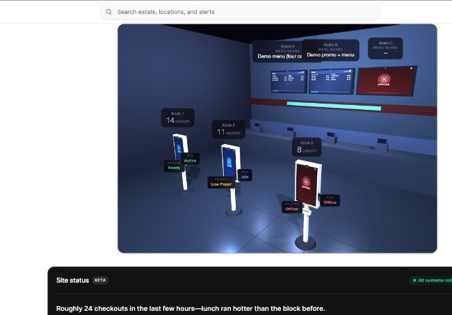Estate Manager connected hardware view showing kiosks and digital menu boards with live device status.