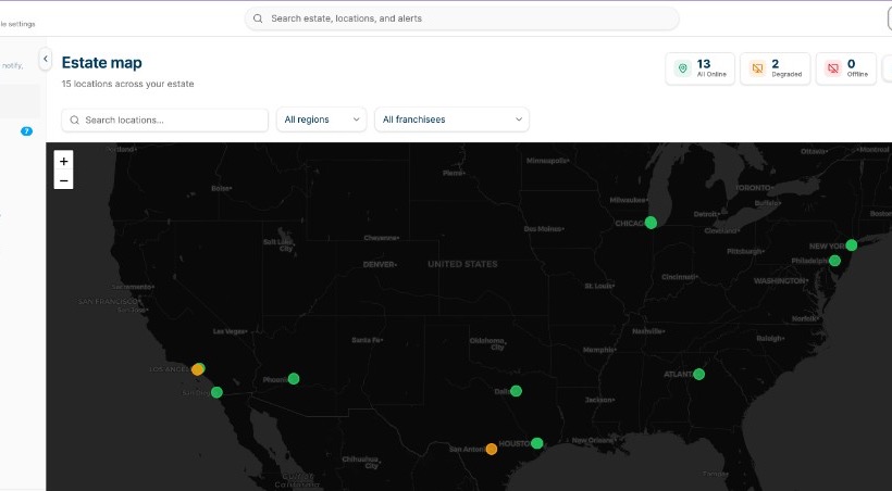 Estate Manager overview map showing connected locations across a national estate.