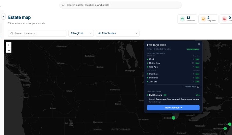 Estate Manager map view showing location status, connected channels, and device counts.